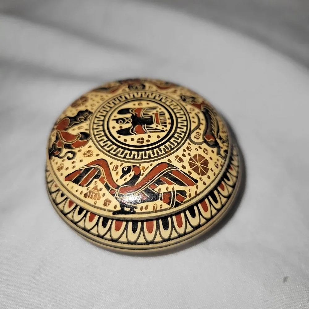 Trinket Box Made In Corinth Small Round Terra Cotta Animals Lidded Painted